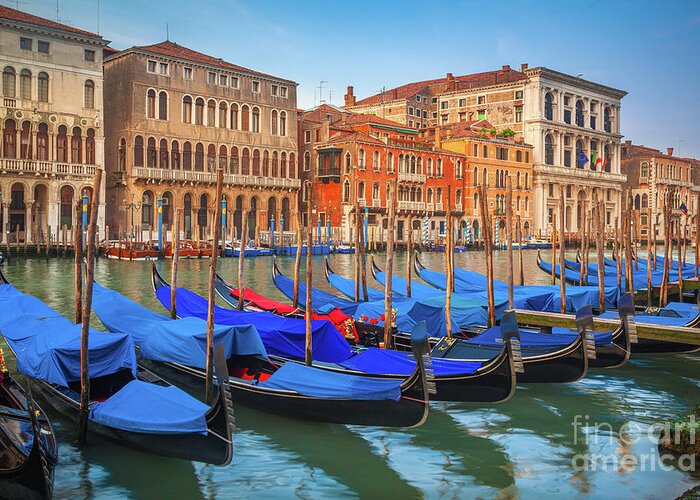 Canal Grande Greeting Card featuring the photograph Gondola Row by Inge Johnsson