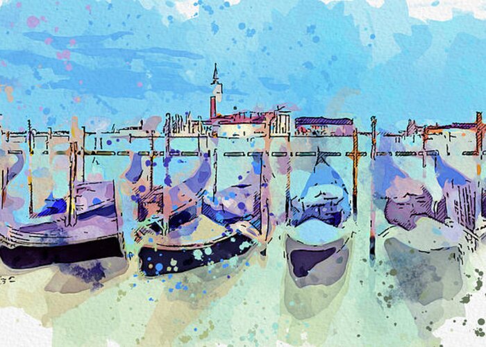 Er Greeting Card featuring the painting Gondolas, Venice, Italy, ca 2021 by Ahmet Asar, Asar Studios by Celestial Images