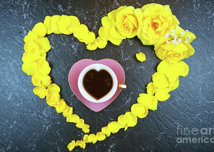 Yellow Greeting Card featuring the photograph Good morning concept with coffee cup in heart shaped fresh yellow roses. by Milleflore Images