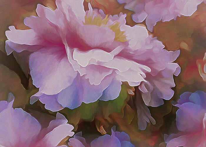 Gossamer Greeting Card featuring the mixed media Gossamer Peonies in Pink Violet and Orange by Lynda Lehmann