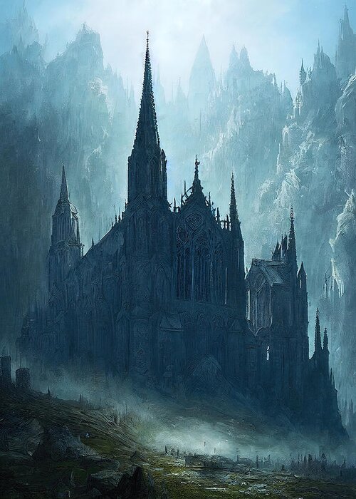 Panorama Greeting Card featuring the painting Gothic Cathedral among the mountains, 05 by AM FineArtPrints