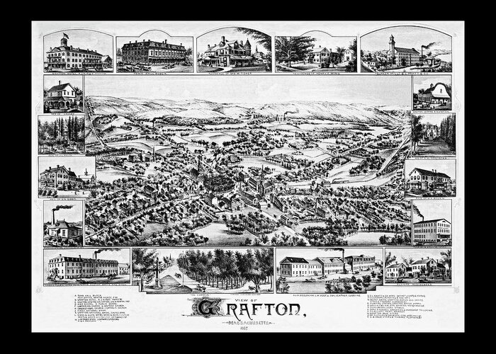 Map Greeting Card featuring the photograph Grafton Massachusetts Vintage Map Birds Eye View 1887 Black and White by Carol Japp