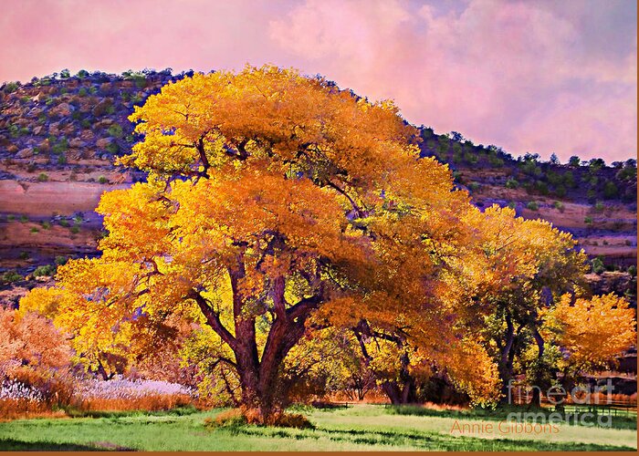 Great Fall Colors In The Southwestern Part Of Colorado Yellows Told Tans Light Green Pinks Blue Peaceful Beauty Greeting Card featuring the digital art Grand Old Cottonwood Tree by Annie Gibbons