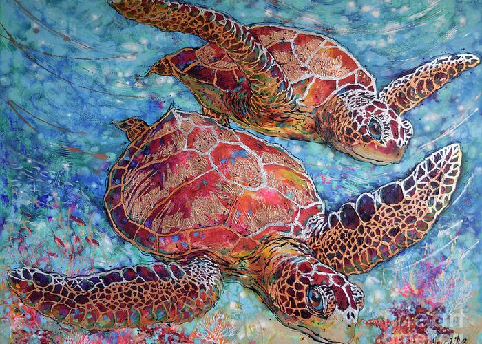 Green Sea Turtles Greeting Card featuring the painting Grand Sea Turtles by Jyotika Shroff