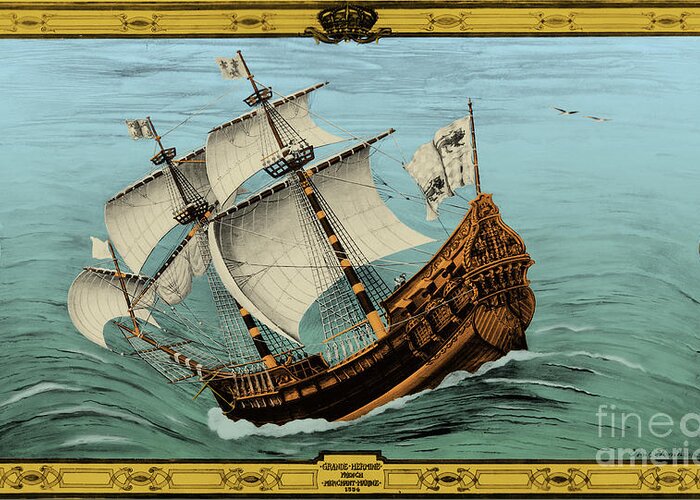 1535 Greeting Card featuring the drawing Grande Hermine, Jacques Cartier Ship by Science Source