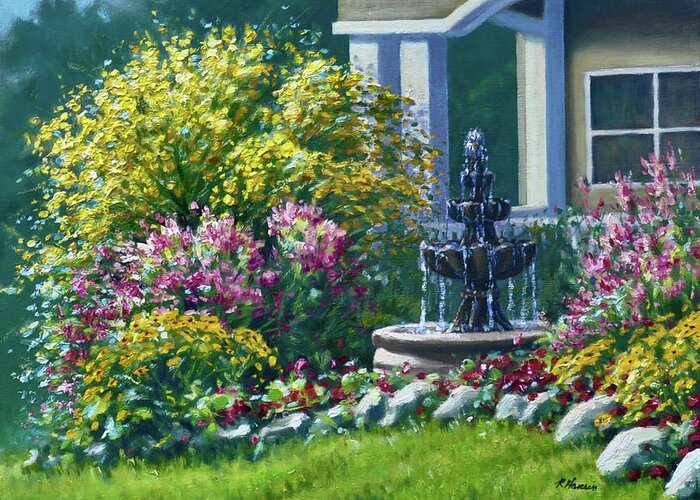 Garden Greeting Card featuring the painting Grandma's Fountain by Rick Hansen