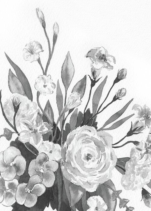 Gray Flowers Greeting Card featuring the painting Gray Monochrome Floral Watercolor Bouquet by Irina Sztukowski