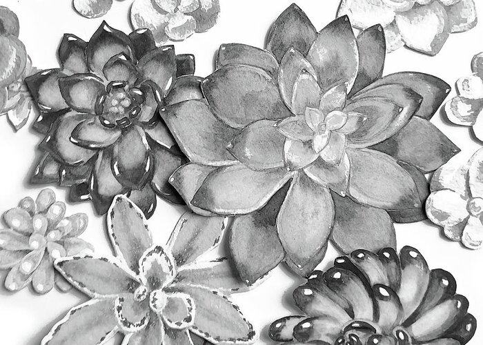 Succulent Greeting Card featuring the painting Gray Monochrome Succulent Plants Garden Watercolor Art Decor II by Irina Sztukowski