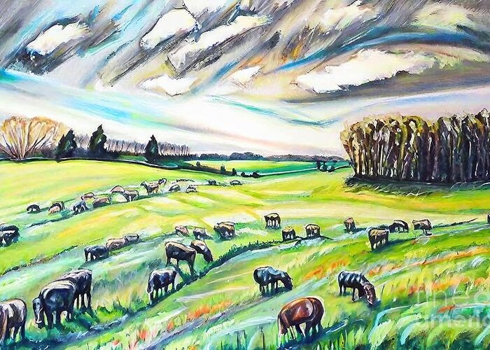 Sky Greeting Card featuring the painting Grazing Painting sky cattle clouds cow cows farm farming field hills nature animals art artist artistic autumn beautiful color colorful country side craft decorative fields handmade landscape by N Akkash