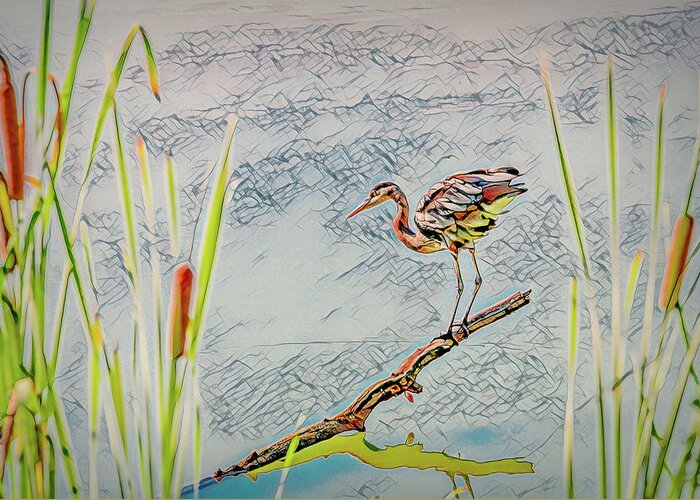 Great Blue Heron Greeting Card featuring the photograph Great Blue Heron On The Ready, Stylized by Marcy Wielfaert