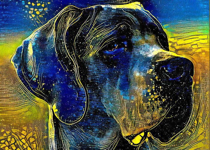 Great Dane Greeting Card featuring the digital art Great Dane portrait - starry blue with yellow colorful painting by Nicko Prints