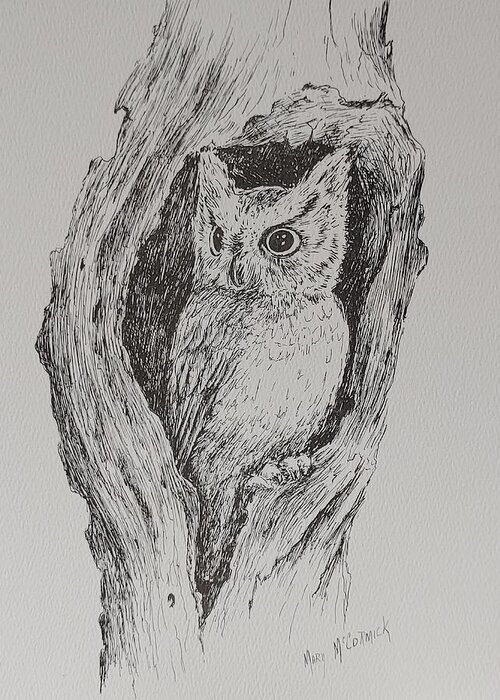 Owl Greeting Card featuring the drawing Great Horned Owl by ML McCormick