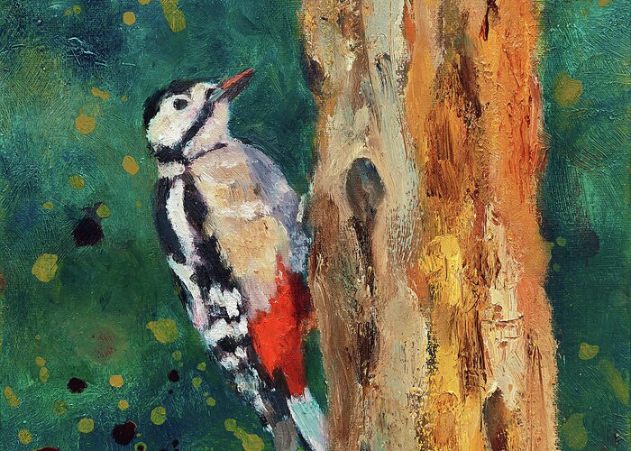 Great Spotted Woodpecker Greeting Card featuring the painting Great Spotted Woodpecker by Maria Meester