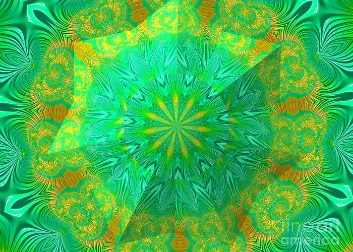 Green And Orange Fractal Kaleidoscope Mandala Star Under Glass Abstract Greeting Card featuring the digital art Green and Orange Fractal Kaleidoscope Mandala Star Under Glass Abstract by Rose Santuci-Sofranko