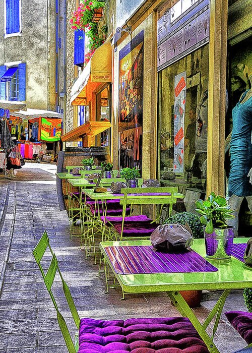 Cafe Greeting Card featuring the photograph Green and Purple Sidewalk Cafe #2 by Steve Templeton