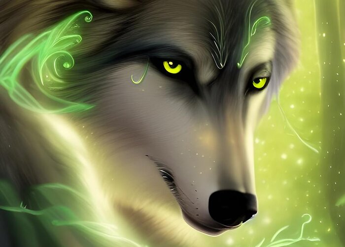 Digital Greeting Card featuring the digital art Green-Eyed Wolf by Beverly Read