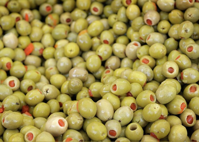 Market Greeting Card featuring the photograph Green olives with pimentos been sold in bulk, Lourmarin, France by Kevin Oke