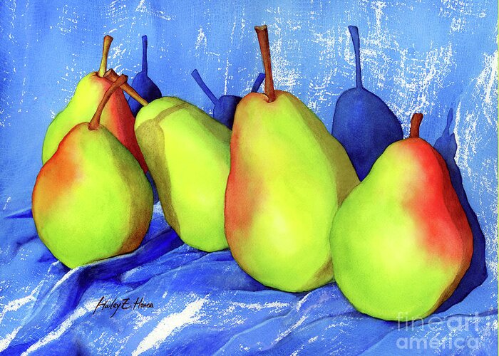 Pear Greeting Card featuring the painting Green Pears on Blue Lace by Hailey E Herrera