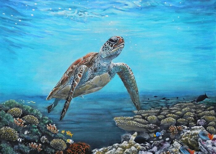 Turtle Greeting Card featuring the painting Green Sea Turtle by John Neeve