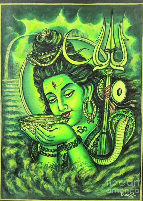 Green Shiva Drinking Poison Painting On Canvas Greeting Card featuring the painting green Shiva drinking poison painting on canvas by Manish Vaishnav