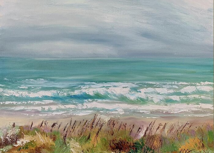 Ocean Greeting Card featuring the painting Grey Skies Turquoise Waters by Melissa Torres