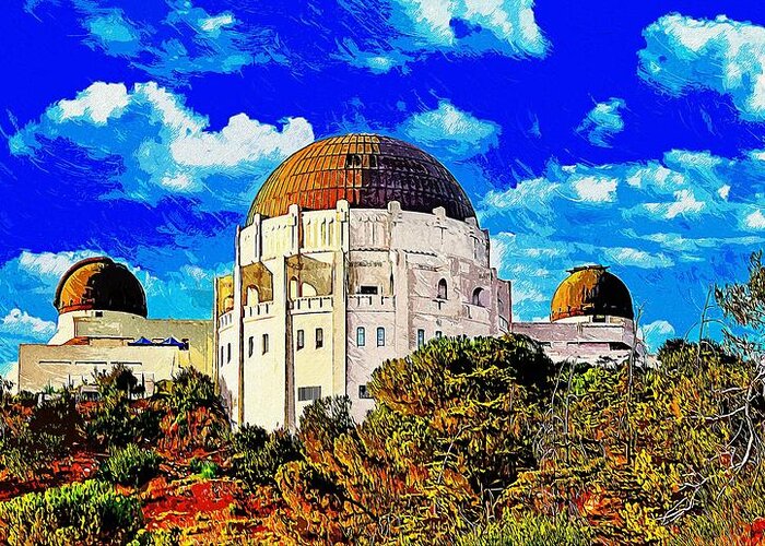 Griffith Observatory Greeting Card featuring the digital art Griffith Observatory, Los Angeles - impressionist painting by Nicko Prints