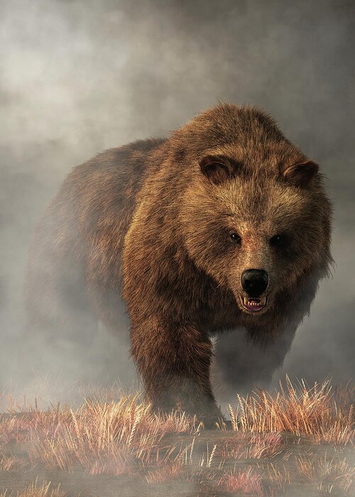 Grizzly Bear Greeting Card featuring the digital art Grizzly Bear Emerging from the Fog by Daniel Eskridge