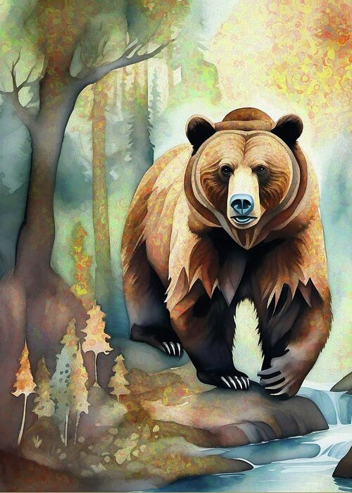 Abstract Greeting Card featuring the digital art Grizzly Bear In The Forest - 02153 by Philip Preston