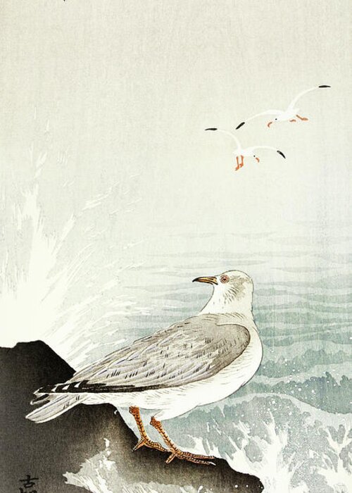 Bird Greeting Card featuring the painting Gull on rock by Ohara Koson