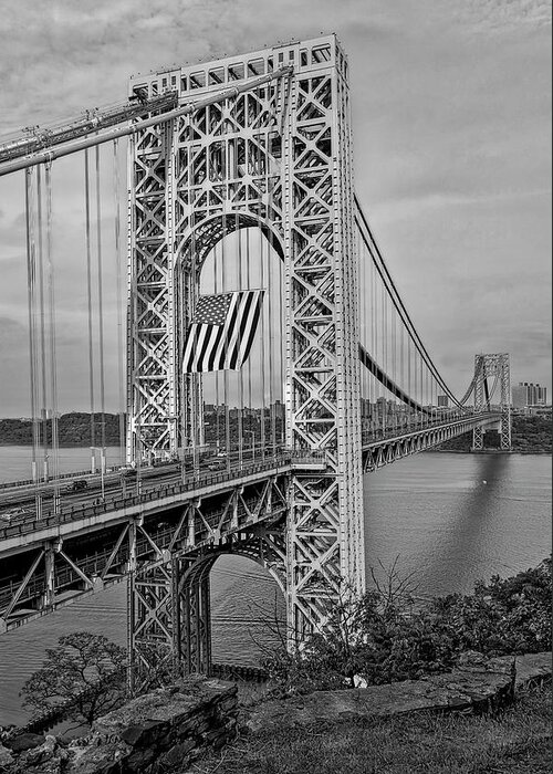 George Washington Bridge Greeting Card featuring the photograph GW Bridge USA GWB BW by Susan Candelario