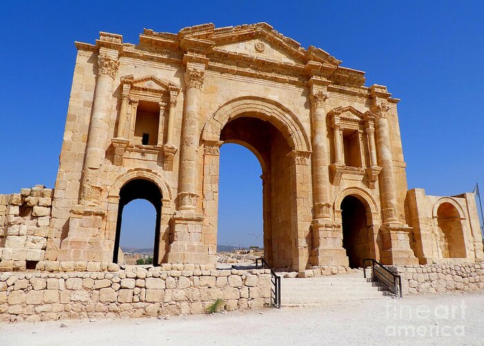 Hadrian Greeting Card featuring the photograph Hadrian's Arch of Jerash by Tina Mitchell
