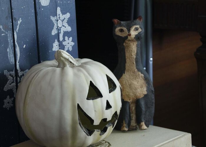Halloween Greeting Card featuring the photograph Halloween Pumpkin and Cat by Valerie Collins