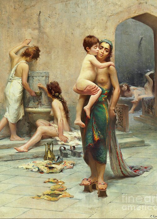 Bath Greeting Card featuring the painting Hamam, il bagno by Fausto Zonaro