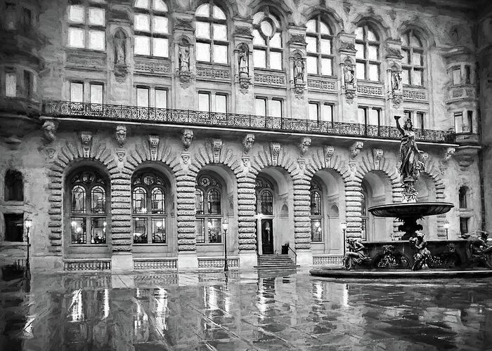 Hamburg Greeting Card featuring the photograph Hamburg Town Hall Courtyard and Hygieia Fountain Black and White by Carol Japp