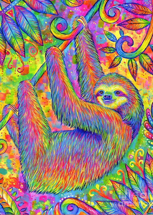 Sloth Greeting Card featuring the painting Hanging Around - Psychedelic Sloth by Rebecca Wang