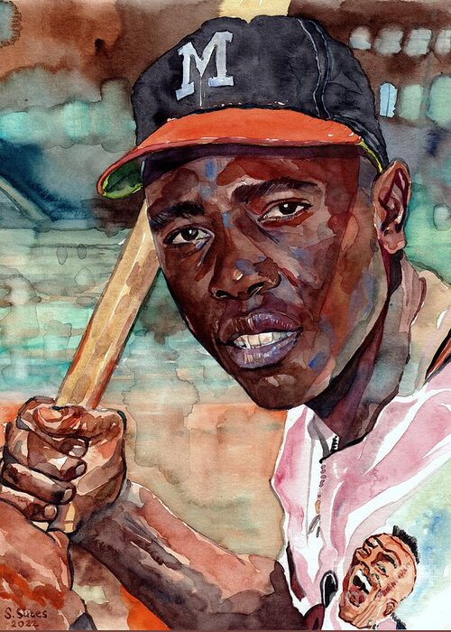 Hank Aaron Greeting Card featuring the painting Hank Aaron Watercolor by Suzann Sines