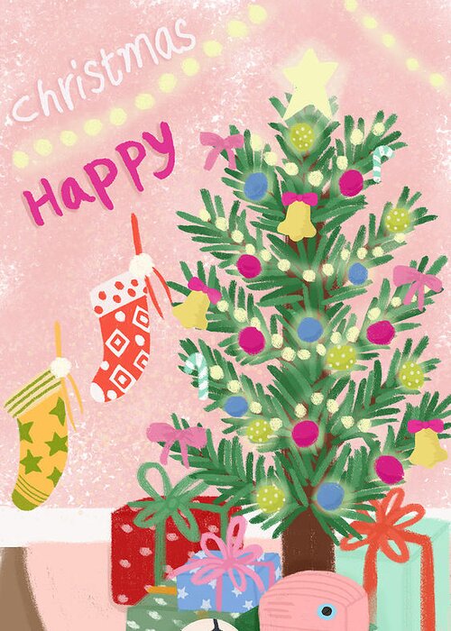 Christmas Greeting Card featuring the drawing Happy Christmas by Min fen Zhu