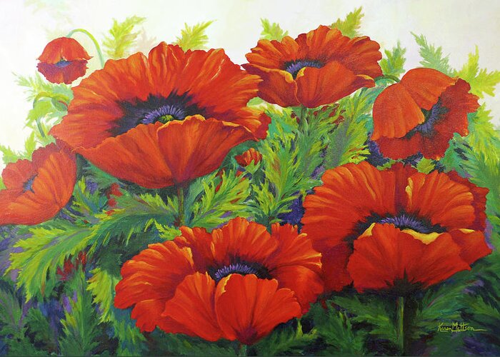 Red Greeting Card featuring the painting Happy Dance Red Poppies by Karen Mattson