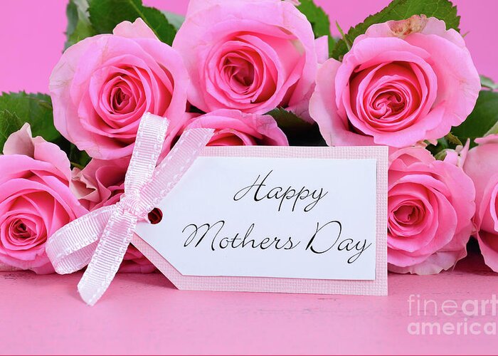 Background Greeting Card featuring the photograph Happy Mothers Day Pink Roses background. by Milleflore Images