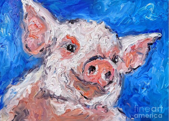 Watercolor.paintings Greeting Card featuring the painting Happy piglet painting by Mary Cahalan Lee - aka PIXI