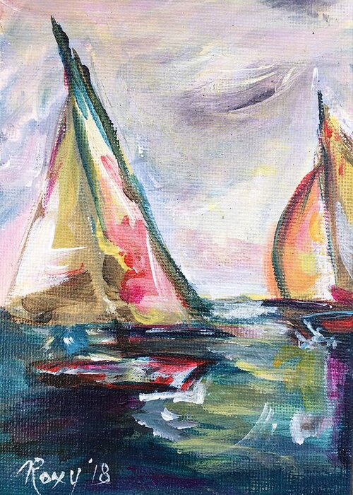 Abstract Boats Greeting Card featuring the painting Happy Sails by Roxy Rich