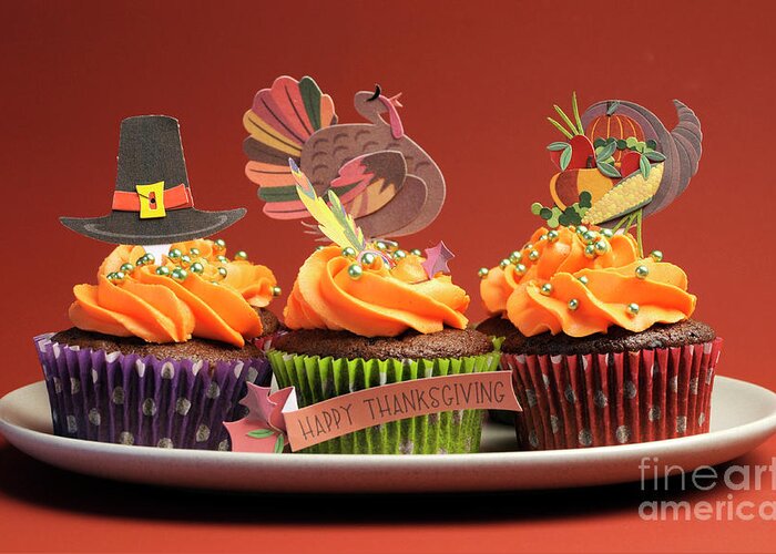 Turkey Greeting Card featuring the photograph Happy Thanksgiving cupcakes by Milleflore Images