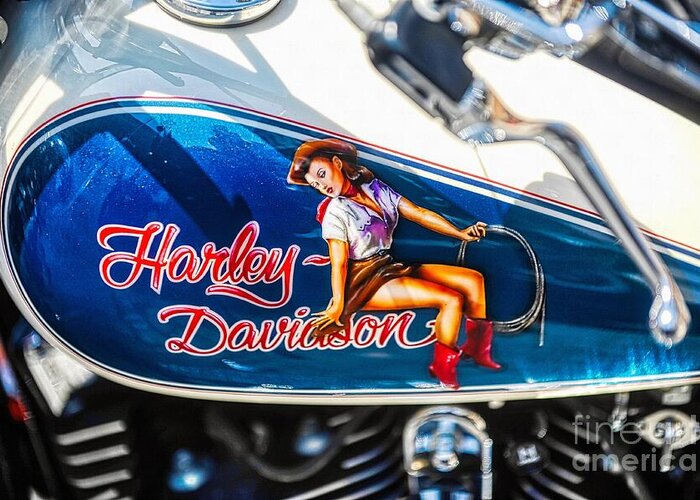 Harley Davidson Pin Up Greeting Card featuring the photograph Harley Davidson cowgirl pin-up by Stefano Senise