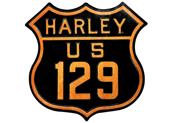 Harley Greeting Card featuring the digital art Harley Davidson Motorcycles US 129 Tail of the Dragon Shield Shape Road Sign MGS247 by Cody Cookston