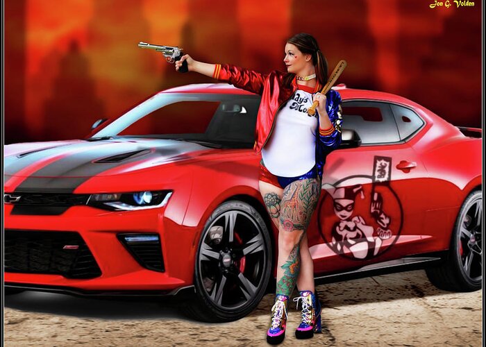 Harley Greeting Card featuring the photograph Harley Quinn Pistols and Car by Jon Volden