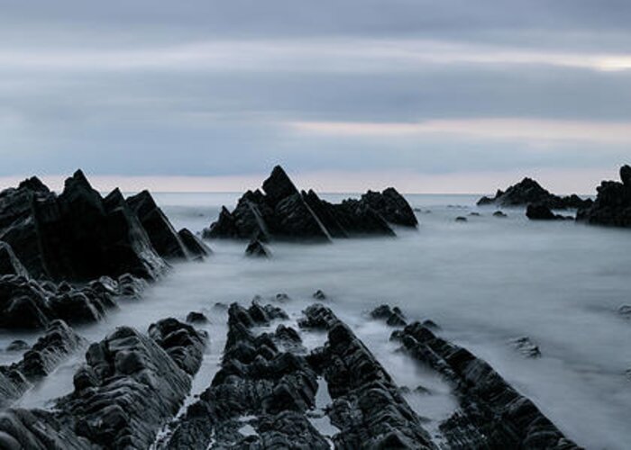 Coast Greeting Card featuring the photograph Hartland Quay North Devon south west coast path blue hour 2 by Sonny Ryse