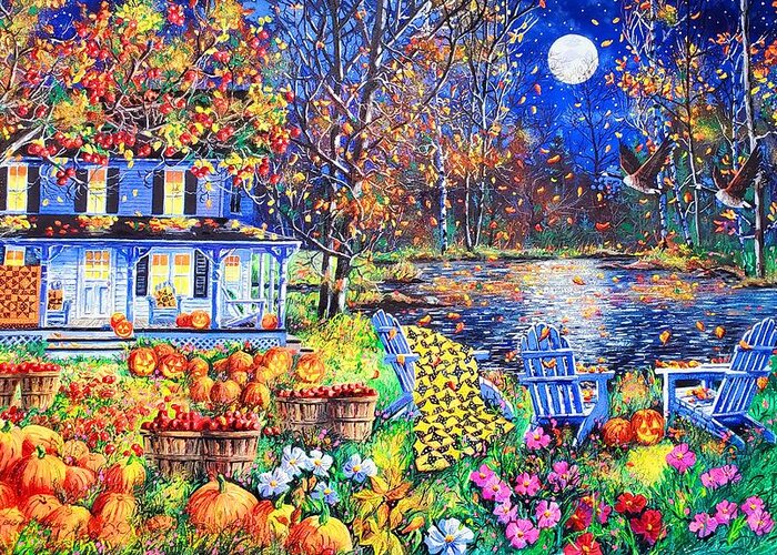 Harvest Moon Featuring A Full Moon On A Halloween Evening Greeting Card featuring the painting Harvest Moon by Diane Phalen