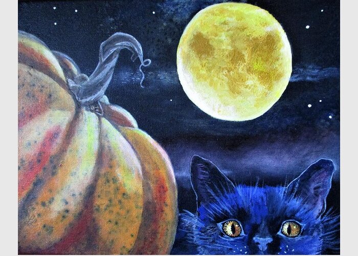 Harvest Moon Cat Blues Greeting Card featuring the painting Harvest Moon Cat Blues by Lynn Raizel Lane