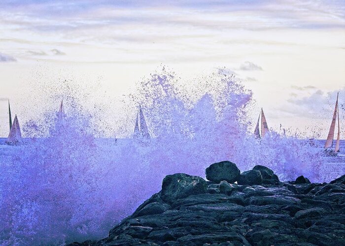 Surreal Greeting Card featuring the photograph Hawaiian Surf And Sails by David Desautel