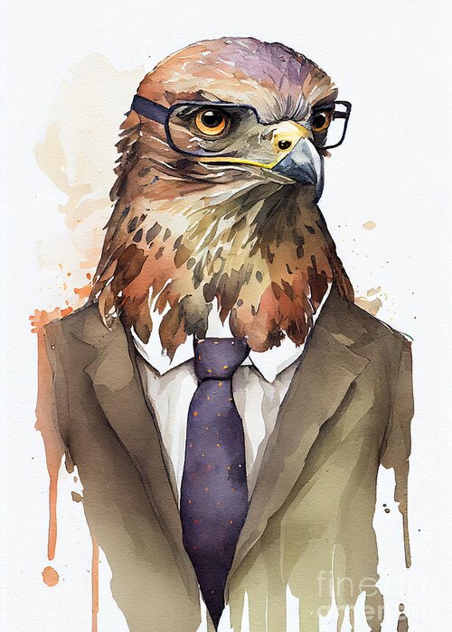 Hawk Greeting Card featuring the painting Hawk in Suit Watercolor Hipster Animal Retro Costume by Jeff Creation